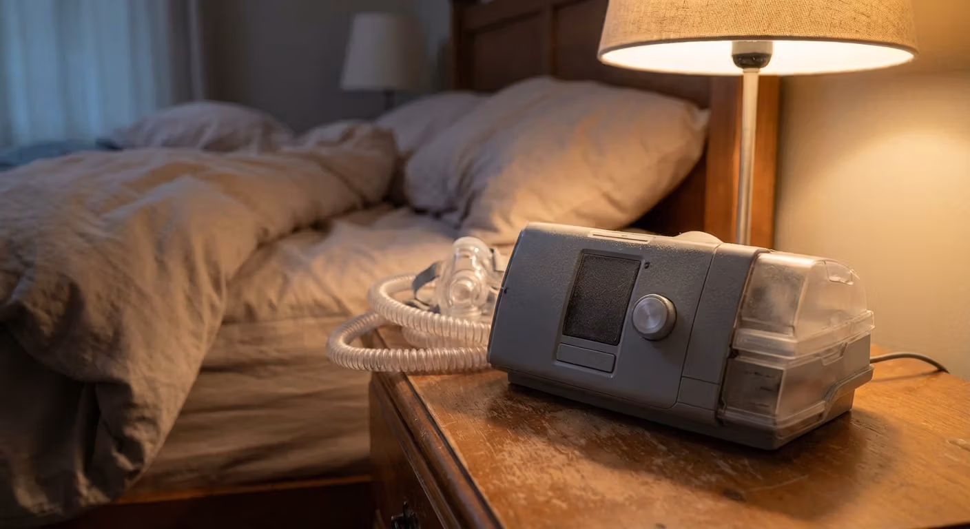 A CPAP machine sitting unused on a bedside table with the mask set off to one side