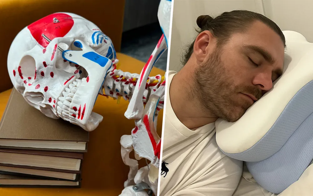 Neck model beside a person sleeping on a contoured pillow