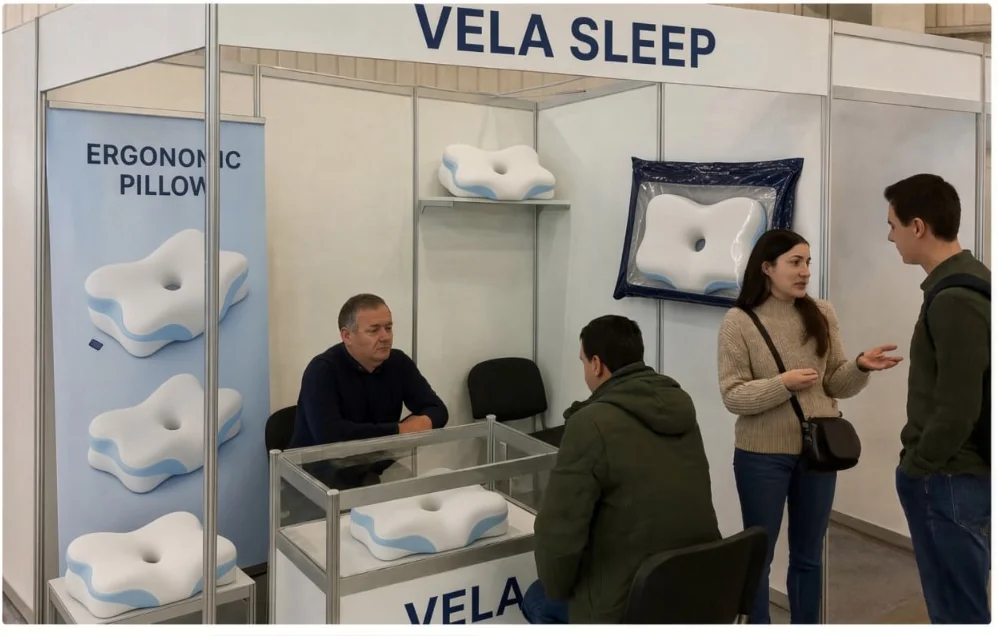 Vela Sleep booth showing the ergonomic pillow